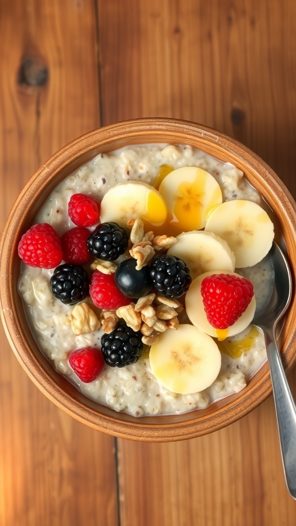 Healthy Oatmeal Breakfast Bowl Recipe A cozy bowl of oatmeal with banana, berries, and nuts on a wooden table.
